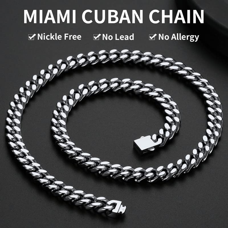 ChainsHouse Stainless Steel Mens Cuban Link Chain, Black/ 18K Gold Plated Miami Cuban Chain Necklace, 5mm/7mm/9mm/12mm/14mm Width, No Tarnish& Durable Hip Hop Mens Jewelry, 18"-30", Send Gift Box - color: a. 9mm width-steel, size: 18 inches