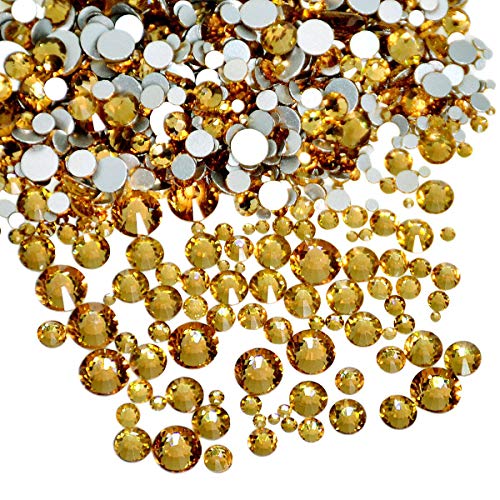 AD Beads 1440 Pieces Mixed Size No Hotfix Glue on Quality Glass Flatback Rhinestones Round Crystal Gems (14 Lt. Topaz) - color: Lt. Topaz 14