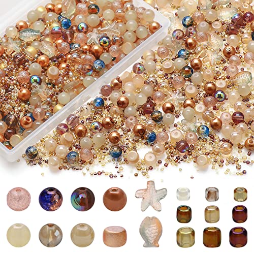 Rired 27 760pcs Mixed Glass Beads for Jewelry Making, 8MM Brown Assorted Round Beads, Bracelet Making Kit Including Ocean Starfish Crystal Beads and Seed Beads - color: Brown