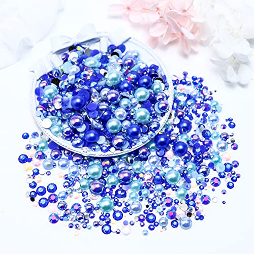 60g Mixed Pearls and Rhinestones, Flatback Rhinestones & Pearls for Crafts, Tumblers, Shoes, Nails, Face Art, 2mm-10mm Mixed Sizes, Blue|Green|White - color: Ocean Princess Blend | Mix Blue | Green | White