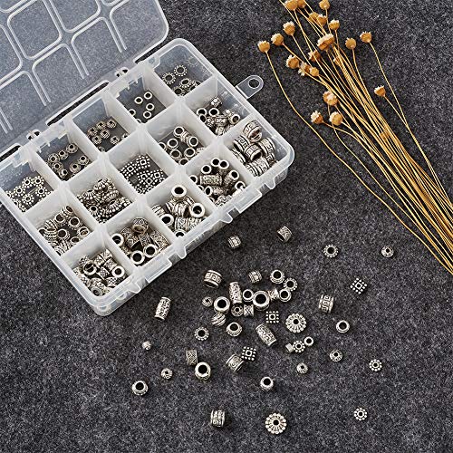 Beadthoven 300pcs 15 Style Antique Silver Large Hole Mixed Spacer Beads Tibetan Alloy Column Bicone Square Barrel Metal Spacers for Jewelry Necklace Bracelet Making - color: Antique Silver-Mixed 15 Styles