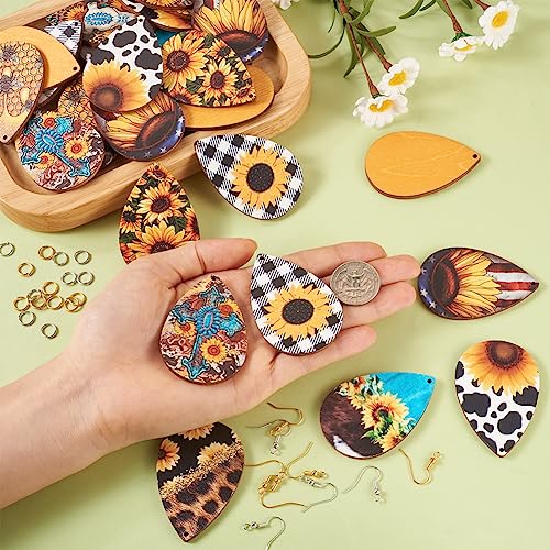 Elecrelive 36pcs Western Style Wood Earring Charms Cowhead Flower Big Teardrop Wood Pendants with Ear Hook & Jump Rings for DIY Jewelry Making - color: Western Style-3