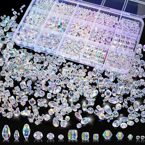 1500 Pcs Crystal Glass Beads for Jewelry Making – 12 Styles Bicone, Rondelle, Cube, Teardrop & 3mm Spacer Beads, DIY Bracelet Necklace Earring Craft Kit with Organizer Box(AB Color) - color: AB Color