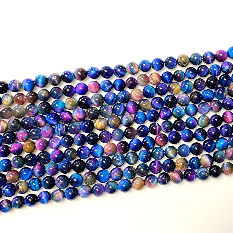 Rainbow Tiger's Eye 6mm Round - 15" Strand Natural Gemstone for Jewelry Making, Multicolor Galaxy Tiger Eye Stone, Smooth Polished DIY Bracelet Necklace Craft Supplies (65-67 Pcs)