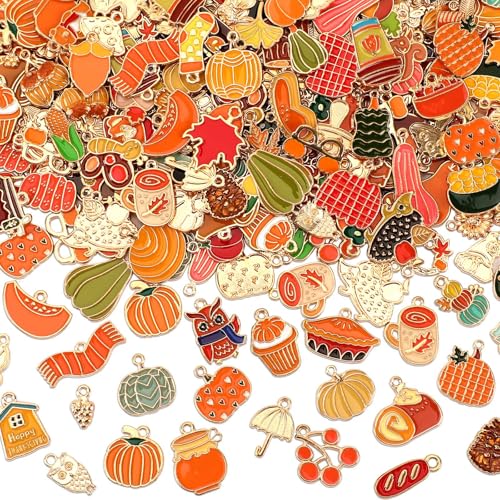 SANNIX 350pc Fall Charms, Thanksgiving Enamel Pumpkin Maple Leaf Turkey Autumn Charms for Jewelry Making, Bulk for Bracelets, Necklaces, Earrings, Craft Making - color: Fall Color