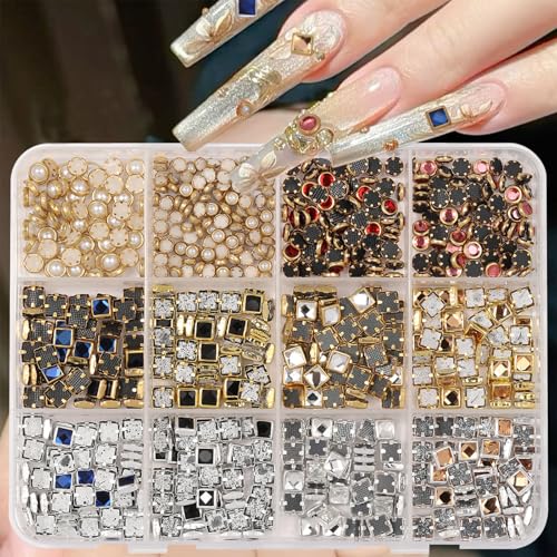 Luxury 3D Nail Art Charms Rhinestones, CYHYII 1 Box Metal Jewelry Nail Decoration Mixed Styles Colors Shiny Diamonds Vintage Pendants Nail Gems for Nail Decoration - color: 1 box