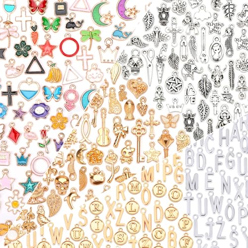 SANNIX 400Pcs Charms for Jewelry Making, Assorted Enamel Charm Letter Charms Mixed Bulk KC Gold Tibetan Silver Bangle Charm Pendants for Bracelet Necklaces Earrings Making Supplies - color: Multicolor+KC Gold Silver Letter