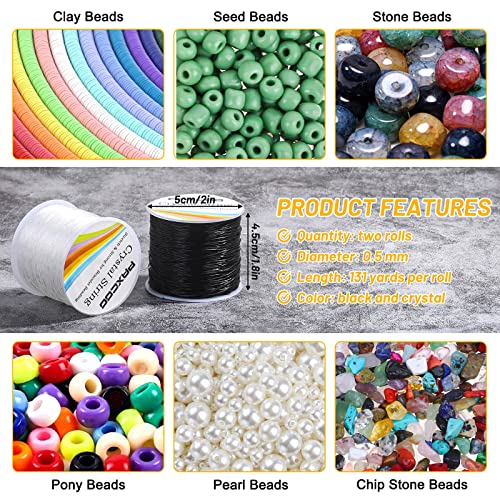 Bracelet String, Paxcoo 2 Rolls Elastic Stretchy Bead String Cord for Clay Beads Kandi Pony Beads Bracelets Jewelry Making (0.5 MM, Crystal & Black) - size: 0.5MM, style: Black & Crystal