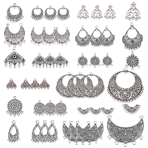 SUNNYCLUE 1Box 48Pcs 12 Style Chandelier Connector Earring Findings Multi Loops Bohemian Charms Antique Silver Round Teardrop Charms for Jewelry Making DIY Craft Supplies - color: 48pcs 12 Style