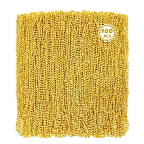 Huskein 100 PCS Mardi Gras Beads, 33" Gold Beads Necklaces, St Patricks Day Beads Necklaces Bulk, Round Beaded Parade Accessories Set, Gold Beads for Carnival Party Supplies - color: Gold