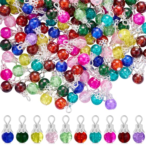 100/200Pcs Crystal Dangle Charms for Jewelry Making Bulk Small Cute Charms Transparent Glass Beads Pendants with Silver Gold Caps for Earring Necklace Bracelet DIY Supplies - color: Silver B