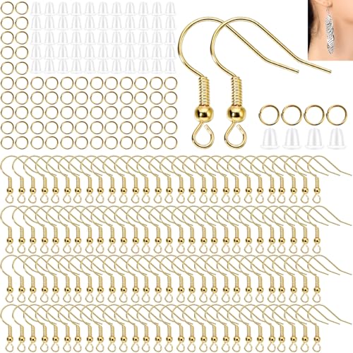 Hypoallergenic Earring Hooks, Ear Wires Fish Hooks, 600 Pcs Gold Earing Making Supplies Kit with Earring Backs and Jump Rings for DIY Jewelry Making (Gold) - color: Gold