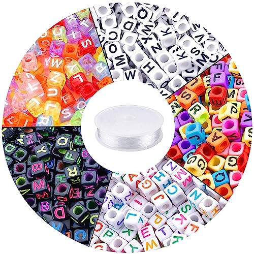 Augshy 1400pcs 5 Color Cube Alphabet Beads Bracelet Letter Beads for Bracelets Making with 1 Roll 50M Crystal String Cord for Jewelry Making（6mm） - color: 5colors A