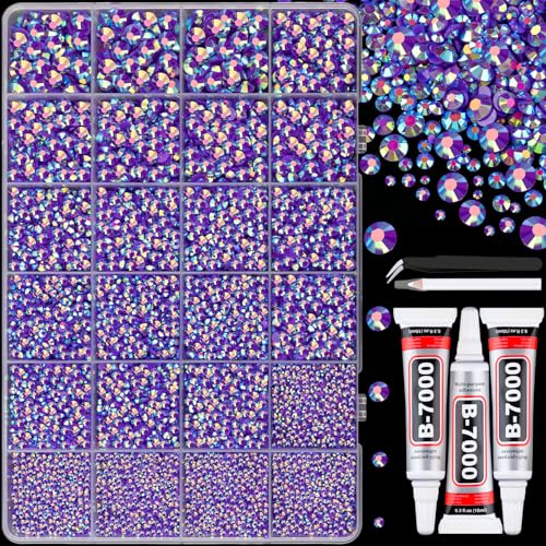 25000Pcs Resin Jelly Rhinestones with Tweezers for Crafting, Dark Purple AB Flatback Gems, Bedazzling Crystal with 3Pcs 10ml B7000 Jewelry Glue for DIY Crafts Clothing Tumblers Shoes Fabric Nail Art - color: Dark Purple AB, size: Large Pack + 3Pcs Glue