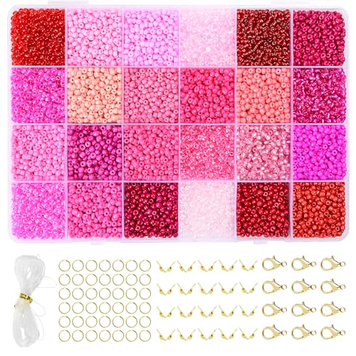 Vtssvow 3mm Glass Seed Beads for Bracelets Making, 24 Colors 10000pcs Friendship Bracelet Making Kit, Small Glass Beads for Jewelry Making (Mix 24 Color, Red and Pink) - color: Mix Red, size: 3mm