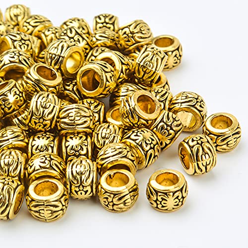 BronaGrand 100pcs Antique Gold Large Hole Spacer Beads Tibetan Alloy Column Barrel Beads with Nice Patterns Loose Charm Beads for European Charm Snake Chain Bracelet Jewelry Making - color: Gold