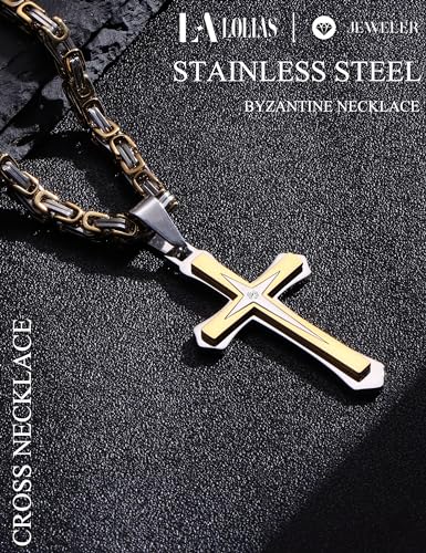 LOLIAS Black 14K Gold Plated 𝐂𝐫𝐨𝐬𝐬 𝐍𝐞𝐜𝐤𝐥𝐚𝐜𝐞 for Men Stainless Steel 𝐁𝐲𝐳𝐚𝐧𝐭𝐢𝐧𝐞 Chain With Cross Pendant Necklace 𝐌𝐞𝐧𝐬 𝐆𝐢𝐟𝐭 22-30Inch - color: Gold plated necklace with pendant, size: 22IN