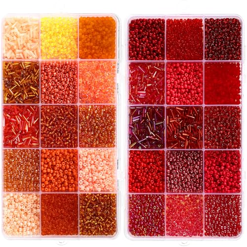 Jexine 2 Sets 30 Colors Glass Seed and Bugle Beads Kit Small Loose Craft Beads for Jewelry Making DIY Crafts Bracelets and Necklaces(Red, Orange) - color: Red, Orange