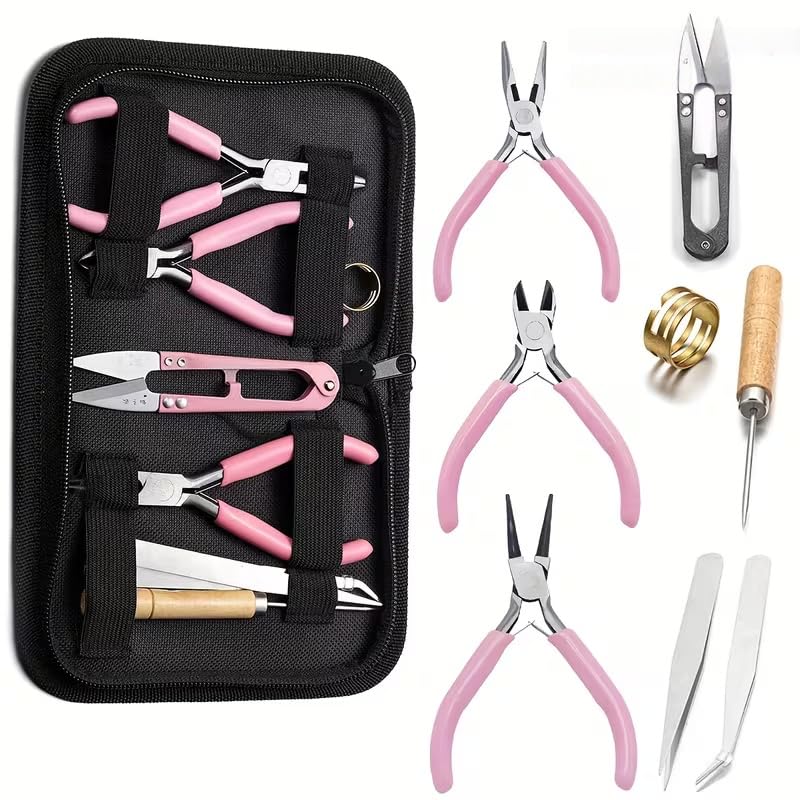 Jewelry Making Tool Set, 8-Piece with 3-Color Handles, Round Nose and Non-Serrated Pliers, Case for Beading and Wire Wrapping, Pink - color: Pink
