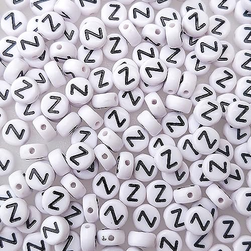 200+ Pieces 4x7mm Single Z Letter Beads for Jewelry Making, White Round Acrylic Bulk Alphabet (Black on White) - size: Single letter Z 200+ Pcs