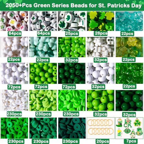2050+Pcs St. Patricks Day Jewelry Making Kit – Irish Shamrock & Four Leaf Clover Charms Green Polymer Clay Heishi Acrylic Round Beads for DIY Bracelets Necklaces Earrings Craft - Party Favors & Gifts