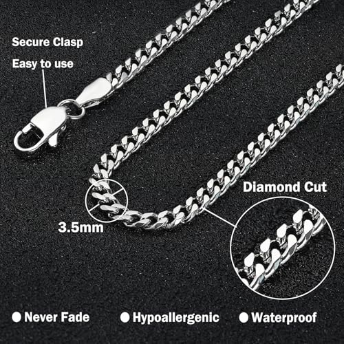 3.5mm/5mm Silver Stainless Steel Cuban Link Chain Necklace Jewelry for Men, 18-26 Inches - size: 26 Inches, style: 3.5mm-Silver