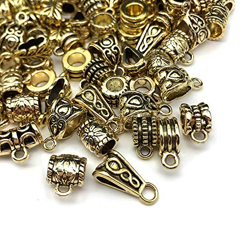 100g (About 125pcs) Antique Gold Bail Tube Spacer Bead Hanger Fit Charm European Bracelet Charms Pendant Bails for Jewelry Making and Crafting (M376) - color: Antique Gold