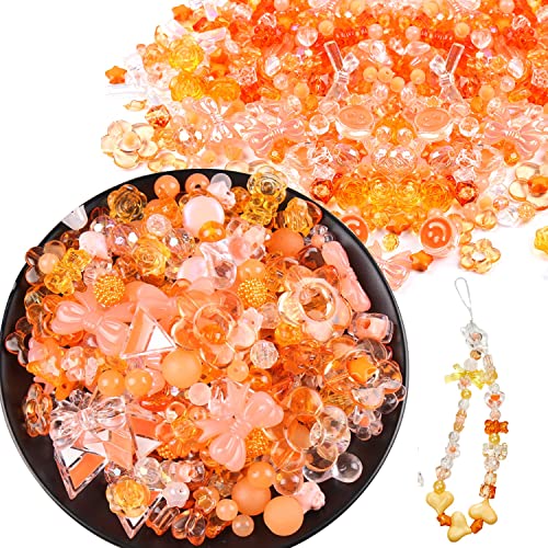 150g(170~230pcs) Aesthetic Acrylic Assorted Beads Cute Beads for Jewelry Making Kawaii Flower Heart Star Butterfly Bow Round Beads Bulk for Bracelets Making Necklaces DIY Crafts (Orange) - color: 150g-Orange