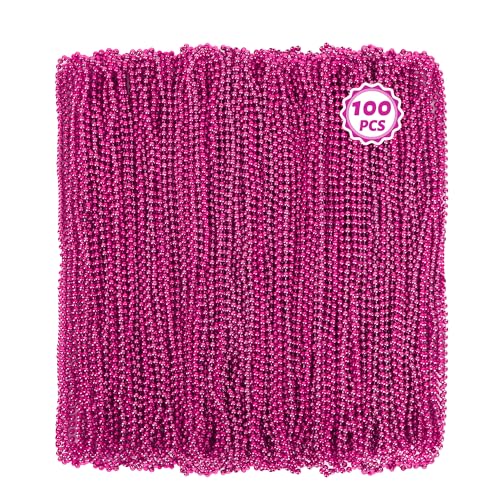 Huskein 100 PCS Mardi Gras Beads, 33" Rosered Beaded Necklace Bulk, Breast Cancer Awareness Accessories Set, Carnival Beads Parade Favors for Festive Event Party Favors - color: Rosered
