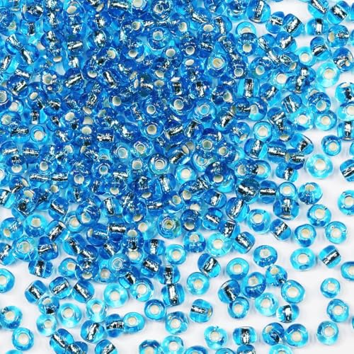 4mm Lake Blue Seed Beads for Jewelry Making 200 Grams About 3380pcs,6/0 Glass Craft for Making Earrings, Bracelets, Pendants, Waist Jewelry, DIY Handmade Seed Beads（Lake Blue Silver Lined） - color: Lake Blue Silver Lined, size: 4mm