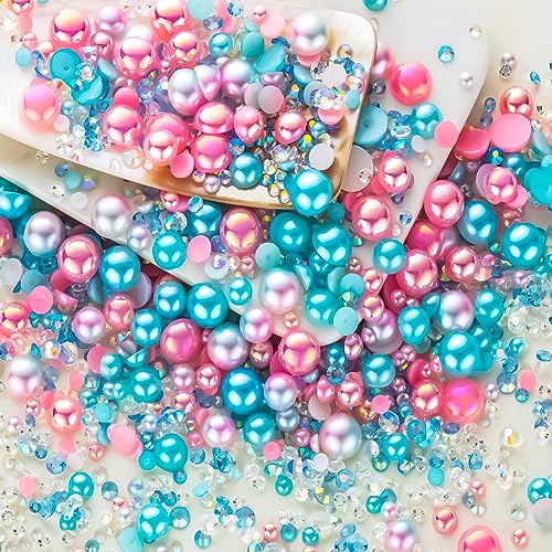60g Cyan Pink Flat Back Pearls Rhinestones for Crafts Mixed Size 3mm-10mm AB Color Round Half Pearls Flatback Pearl Beads and Resin Rhinestones Set for Face Art with Gel - color: Cyan-Pink Series, size: 60g