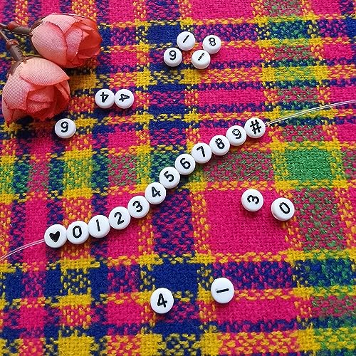 Amaney 600pcs White Acrylic Number Beads 0-9 Symbol # Heart with Storage Box 7x4mm - color: WhiteBoxed, size: 7x4mm