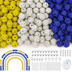 256Pcs 10mm Rhinestone Beads Kit 3 Colors, Round Sparkle Disco Ball Rhinestone Beads Set with Cross Charms and Accessories for DIY Baseball Necklaces Bracelets Earrings Jewelry Making - color: White, Deep Blue & Yellow