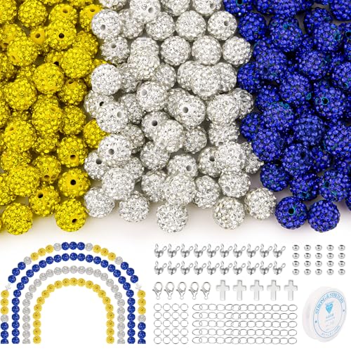 256Pcs 10mm Rhinestone Beads Kit 3 Colors, Round Sparkle Disco Ball Rhinestone Beads Set with Cross Charms and Accessories for DIY Baseball Necklaces Bracelets Earrings Jewelry Making - color: White, Deep Blue & Yellow