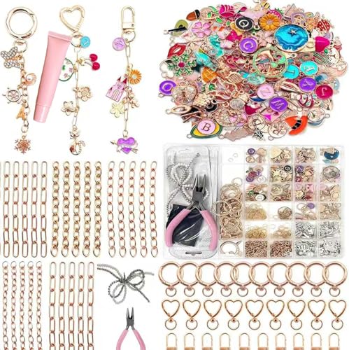 Thmxit 537PCS Charms Lip Gloss Keychain Making Kit, Bag Charm Kit Including 198 Charms, 24 Keychain Clips, 25 Extender Chains, Jewelry Plier Jewelry Making Kit for DIY Keychains Making Supplies
