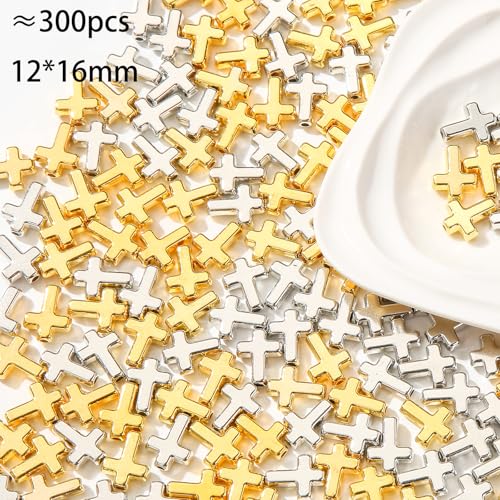 300pcs Cross Beads Gold&Silver Crosses Spacer Bead Bulk for DIY Crafting Necklace Bracelet Jewelry Making Keychain (Golden&Silver) - color: golden&silver