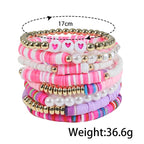 COLORFUL BLING 5-12Pcs Bohemian Love Heart Bead Bracelets for Women Vinyl Disc Heishi Surfer Stackable Stretch Bracelet Summer Beach Boho Jewelry - color: 8pcs purple pearl