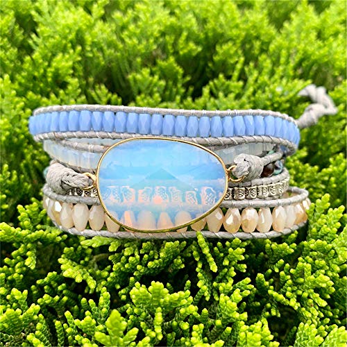 YGLINE Women Boho Handmade Natural Stone Crystal Leather Bead Wrap Bracelets Collection - color: Opal-5w