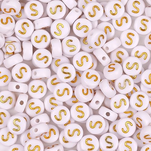 300Pcs Letter Beads S 4X7mm Gold Alphabet Beads Acrylic Round Shape Loose Beads for Name Bracelets Necklaces Key Chains DIY Jewelry Making (S) - color: Gold, size: S