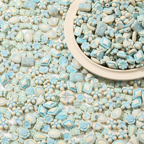 200G Vintage Acrylic Beads 240-320pcs Assorted Aesthetic Bead Bulk Blue Flower Leaf Acrylic Beads for Keychain Bracelets Jewelry Making DIY Plastic Crafts(Light Blue) - color: light blue