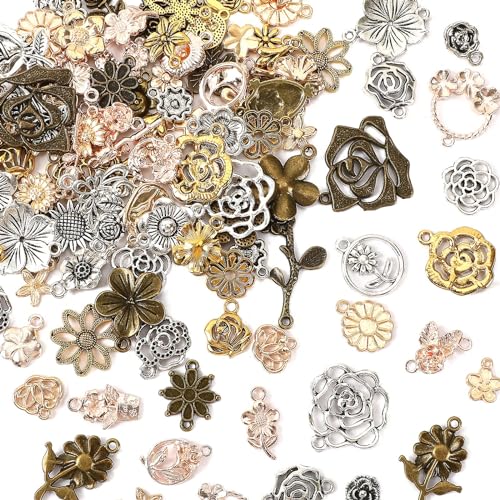 MARFOREVER Vintage Flower Charms Bulk, 120 Pcs Metal Flower Charms Alloy Assorted Antique Floral Charm Pendants for Bracelet Necklace Jewelry Making DIY Crafts - style: Vintage Flower
