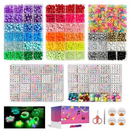 ARIANACO Pony Beads for Bracelet Making Kit with Letter Beads for Friendship Bracelets String Sets,5 Boxes Rave Kandi Beads Bulk for Keychain Crafts and Jewelry Making Supplies