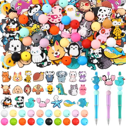 Ferreve 138 Pcs Silicone Focal Beads 48 Cartoon Charms 90 Solid Color Bead for DIY Pen Keychain Jewelry Making Soft Silicone Craft Beads with Assorted Designs for DIY Projects - color: Animal Themed Style