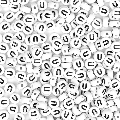 300Pcs Letter Beads U 4X7mm White Alphabet Beads Acrylic Round Shape Loose Beads for Name Bracelets Necklaces Key Chains DIY Jewelry Making (U) - color: Black, size: U