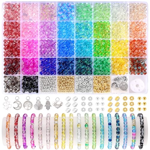 Funtopia Glass Beads Bracelet Making Kit, 1396pcs 6mm Crackle Glass Beads for Jewelry Making, 34 Colors Round Crystal Beads for Bracelets DIY Crafts with Spacer Beads and Charms - color: #4 Crackle Patterns, size: 6mm