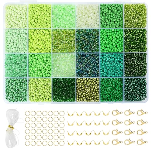 Vtssvow 3mm Glass Seed Beads for Bracelets Making, 24 Colors 10000pcs Friendship Bracelet Making Kit, Small Glass Beads for Jewelry Making (Mix 24 Color, Green) - color: Mix Green, size: 3mm