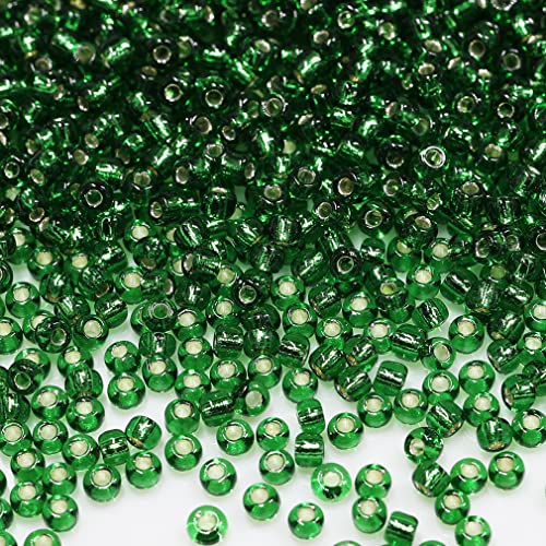 Bala&Fillic Dark Green Sliver Lined Color Size 3mm Seed Beads About 3600pcs/100Grams in Bag, 8/0 Glass Craft Beads for Making Bracelet and Necklace (Sliver Lined Dark Green) - color: Dark Green, size: 3mm