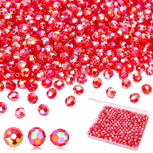 BONNY BOXX 1000pcs 6mm Acrylic Faceted Round Crystal Beads Transparent Red AB Loose Spacer Craft Beads for DIY Bracelet Necklace Earring Keychain Jewelry Making Bags Decoration - color: Transparent Red AB, size: 6MM