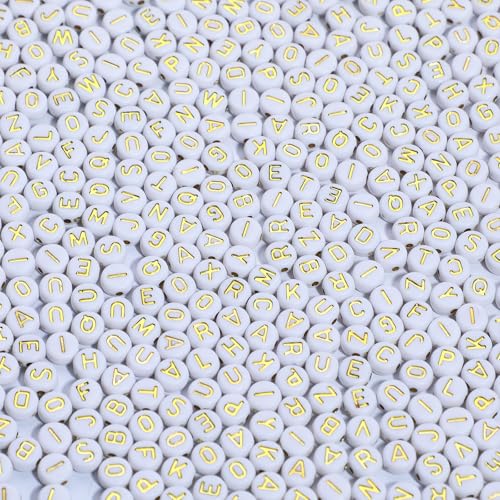 Acrylic Letter Beads Alphabet Gold Letters White Round Bead, 4×7mm 1200pcs, for Friendship Bracelet Jewelry Making Kit - color: Gold Letter White Beads, size: 4×7mm(Round)