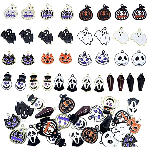 Anower 36 Pcs Halloween Charms Pendants Assorted Gold Black Plated Enamel Pumpkin Ghost Clown Wizard Hat Halloween Charms for Jewelry Making DIY Necklace Bracelet Earring Supplies Accessories
